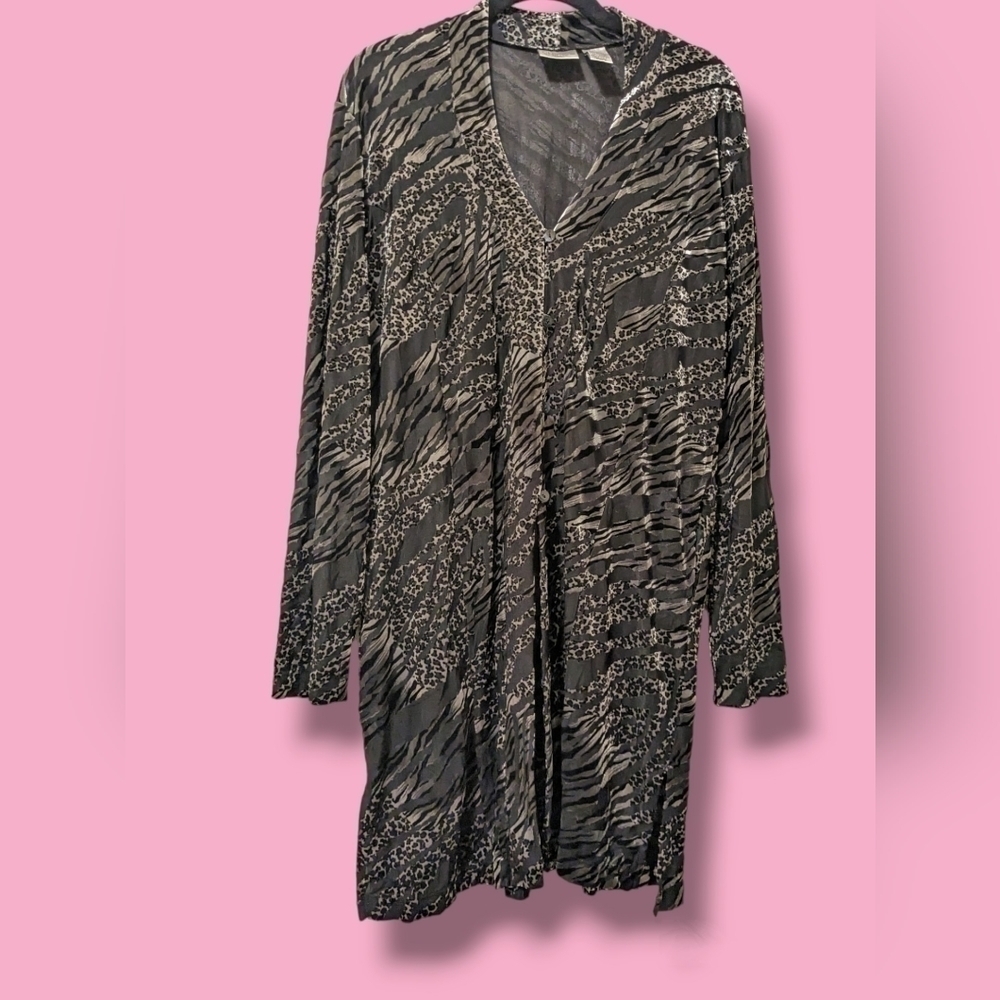 Chico's Black Silver Leopard Print Longline Button-Up Velvet Cardigan LG
